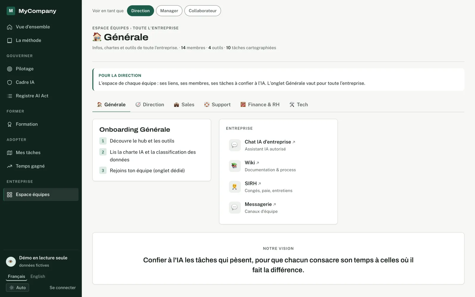 Espace équipes&nbsp;: l’onglet de chaque équipe avec son onboarding, ses outils et ses liens.